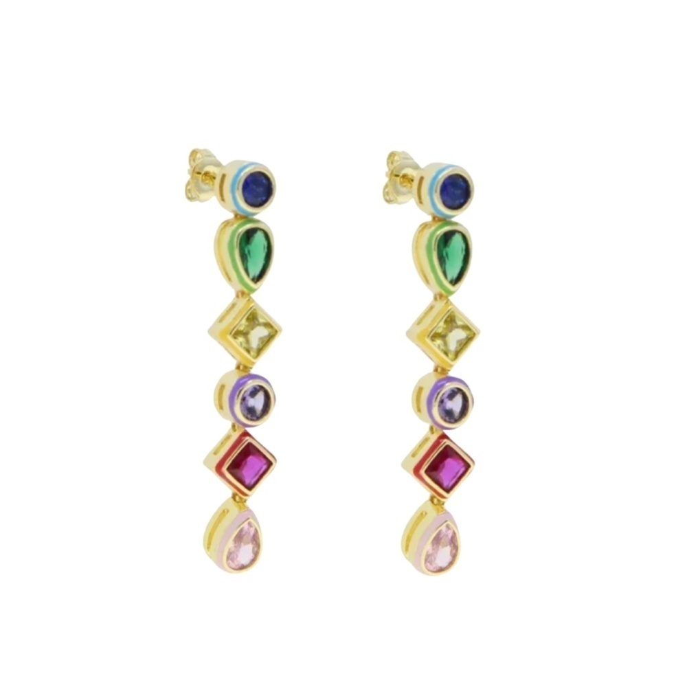 Colorful Geometric Rainbow CZ Drop Earrings – Gold Tone Statement Dangles